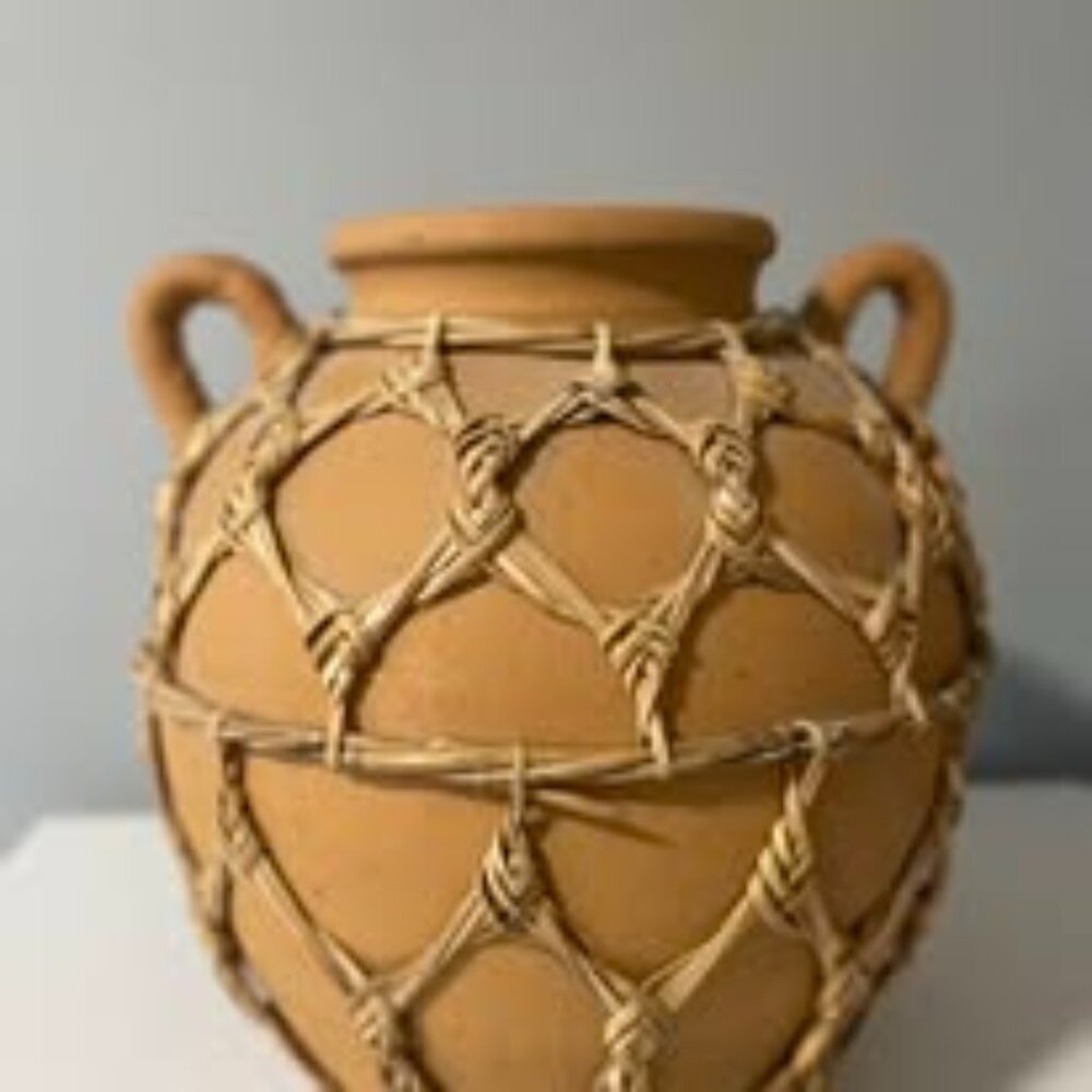 Rare Vintage Clay Pot | Wicker Wrapped | Earthbound Bohemian Decor